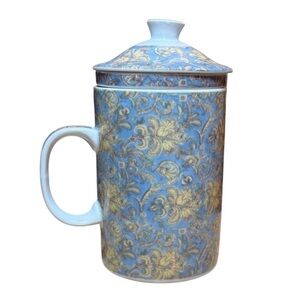 World Market Porcelain Mug Tea Brew Infuser 3 Pc Blue Boho Paisley Cottagecore